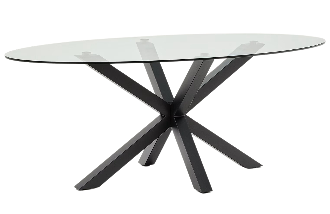 Kave Home Skleněný jídelní stůl Argo  200 x 100 cm s černou kovovou podnoží