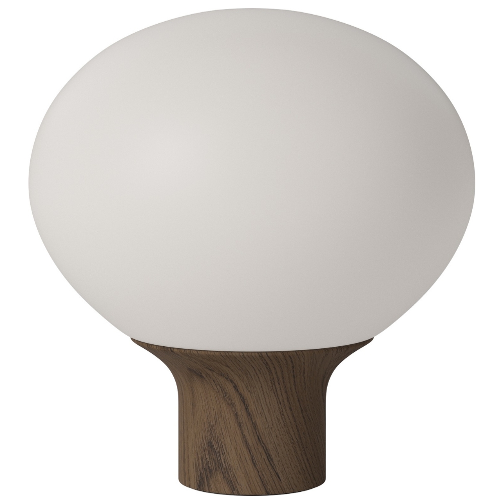 Bolia Opálově bílá skleněná stolní lampa Acorn 32 cm s tmavou dubovou podstavou
